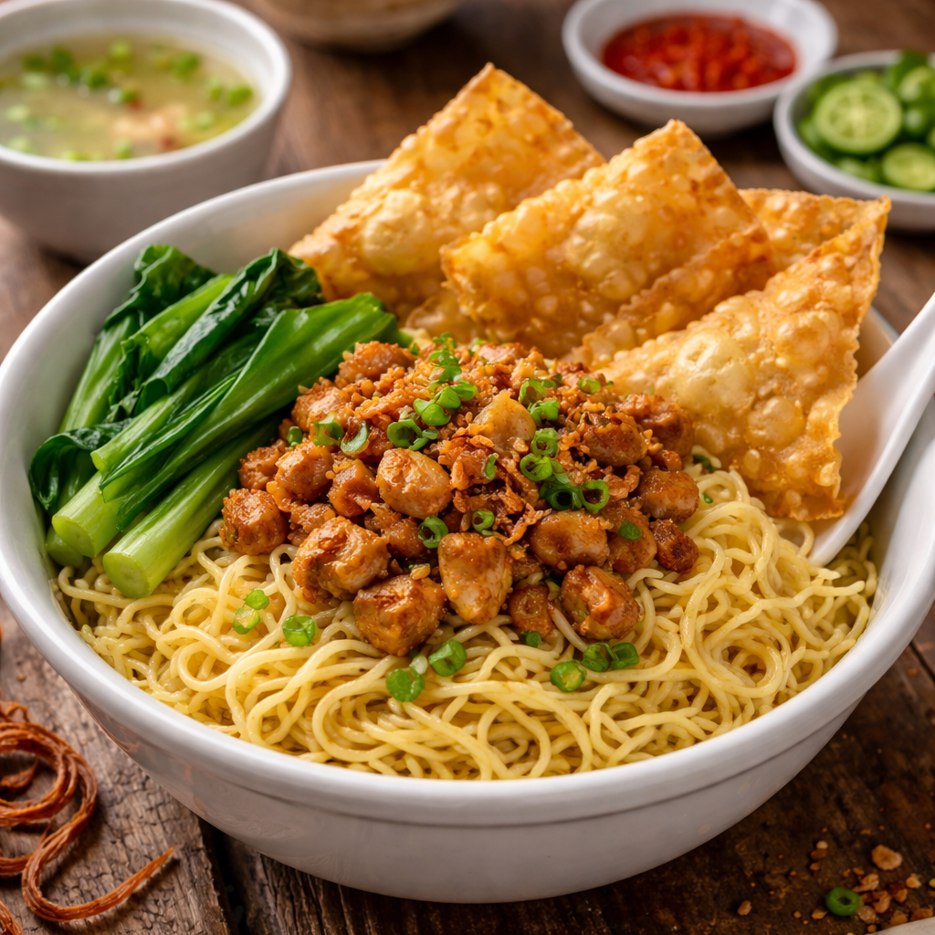 Mie Ayam Pangsit dengan tambahan pangsit gurih dan kuah hangat